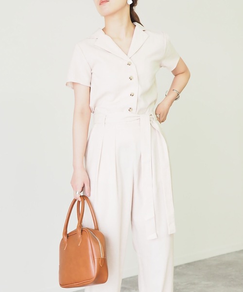 Riberry(リベリー)の「リネンタッチ半袖開襟ジャンプスーツ(つなぎ/オールインワン・レディース・ブラック/ベージュ/キナリ/モカ/カーキ・MEDIUM)」の9枚目の写真