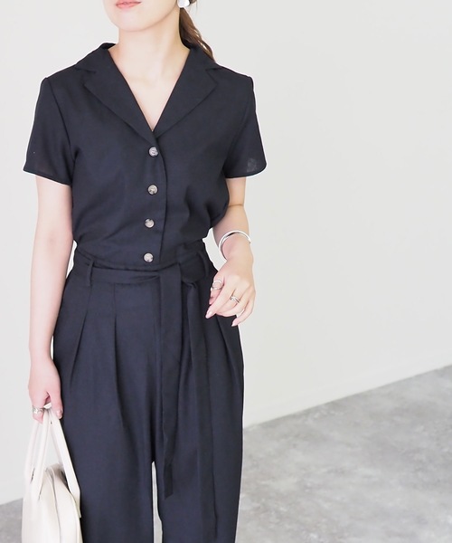 Riberry(リベリー)の「リネンタッチ半袖開襟ジャンプスーツ(つなぎ/オールインワン・レディース・ブラック/ベージュ/キナリ/モカ/カーキ・MEDIUM)」の20枚目の写真