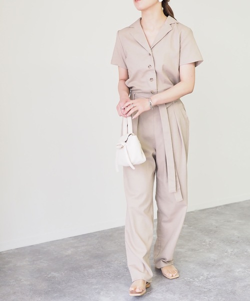 Riberry(リベリー)の「リネンタッチ半袖開襟ジャンプスーツ(つなぎ/オールインワン・レディース・ブラック/ベージュ/キナリ/モカ/カーキ・MEDIUM)」の12枚目の写真