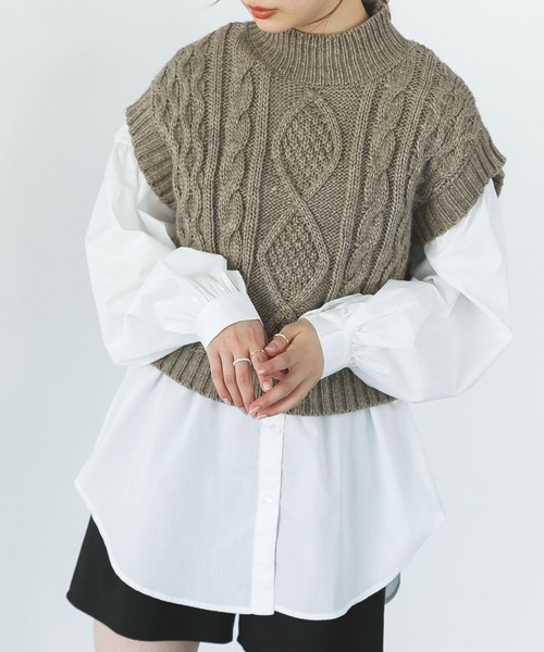 SLURR（スラ―）の「【セット】ケーブルベスト+ブラウスチュニック（ベスト・レディース・ブラック/アイボリー/モカ/ライトベージュ・FREE）」の3枚目の写真