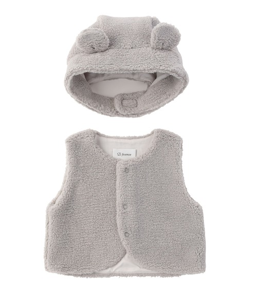 D.fesense（ディーフェセンス）の「もこもこベスト＆耳つき帽子セット（ニットキャップ/ビーニー・キッズ・オフホワイト/グレー・FREE）」の3枚目の写真