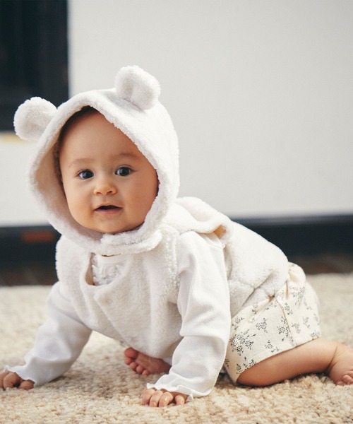 D.fesense（ディーフェセンス）の「もこもこベスト＆耳つき帽子セット（ニットキャップ/ビーニー・キッズ・オフホワイト/グレー・FREE）」の7枚目の写真