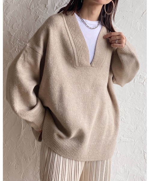 セール】オーバーサイズ深Vネックボリュームスリーブ長袖プルオーバー