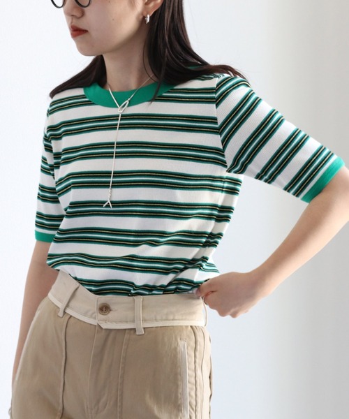 cepo(セポ)の「マルチボーダーリンガーTee(Tシャツ/カットソー・レディース・ブラック/オフホワイト/サックスブルー・M)」の1枚目の写真