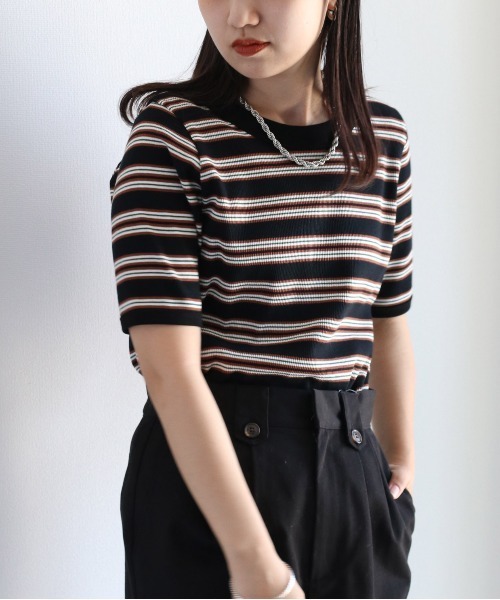 cepo(セポ)の「マルチボーダーリンガーTee(Tシャツ/カットソー・レディース・ブラック/オフホワイト/サックスブルー・M)」の2枚目の写真