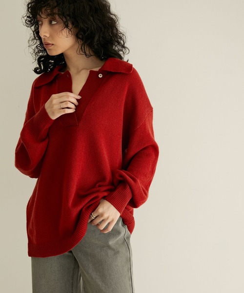 SALON adam et rope'（サロン アダム エ ロペ）の「【手洗い可能】タスマニアウールニットポロプルオーバー（ニット/セーター・レディース・オフホワイト/カーキ/レッド系その他5・FREE）」の3枚目の写真