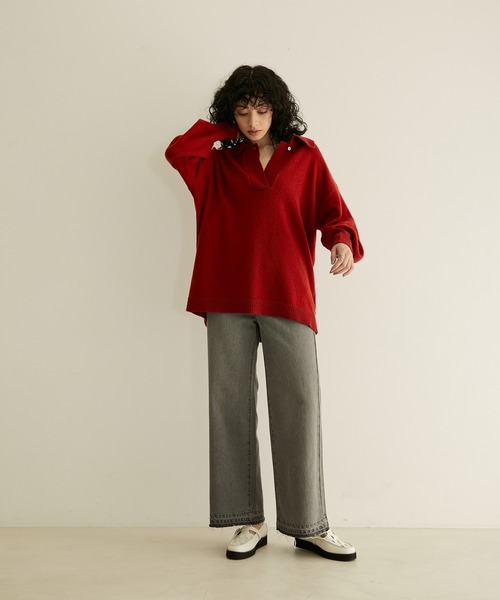 SALON adam et rope'（サロン アダム エ ロペ）の「【手洗い可能】タスマニアウールニットポロプルオーバー（ニット/セーター・レディース・オフホワイト/カーキ/レッド系その他5・FREE）」の4枚目の写真