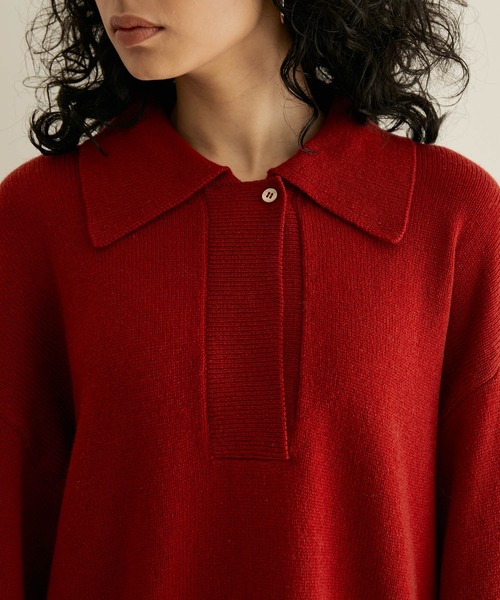 SALON adam et rope'（サロン アダム エ ロペ）の「【手洗い可能】タスマニアウールニットポロプルオーバー（ニット/セーター・レディース・オフホワイト/カーキ/レッド系その他5・FREE）」の5枚目の写真