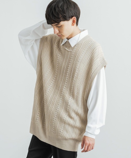 Rocky Monroe(ロッキーモンロー)の「オーバーサイズ 透かし編みメッシュニットベスト(ベスト・メンズ・グレイッシュベージュ/ライトグリーン/ブラック/ブルーグレー/テラコッタ・M/L)」の5枚目の写真