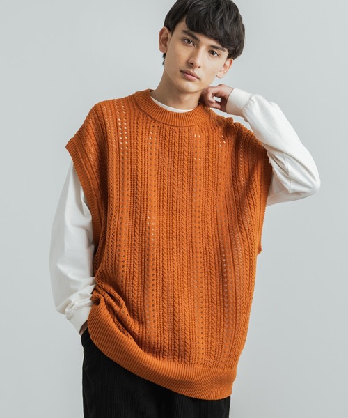 Rocky Monroe(ロッキーモンロー)の「オーバーサイズ 透かし編みメッシュニットベスト(ベスト・メンズ・グレイッシュベージュ/ライトグリーン/ブラック/ブルーグレー/テラコッタ・M/L)」の13枚目の写真