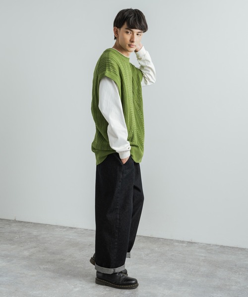 Rocky Monroe(ロッキーモンロー)の「オーバーサイズ 透かし編みメッシュニットベスト(ベスト・メンズ・グレイッシュベージュ/ライトグリーン/ブラック/ブルーグレー/テラコッタ・M/L)」の21枚目の写真