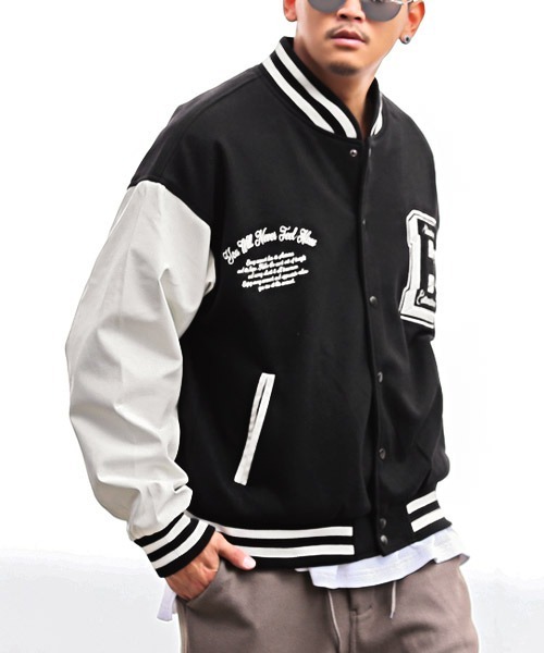 LUXSTYLE(ラグスタイル)の「袖PU配色切替メルトンスタジャン(スタジャン・メンズ・イエロー/ブルー/ブラック・M/L/XL)」の2枚目の写真