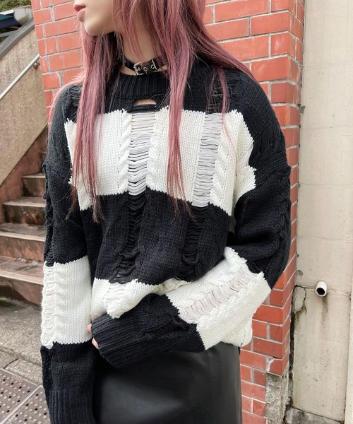 Figments(フィグメンツ)の「ダメージボーダーニット(ニット/セーター・レディース・ブラック・FREE)」の1枚目の写真