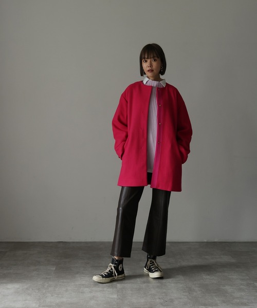 HERENCIA(ヘレンチア)の「ノーカラー バックグログラン ドルマンジャケットコート(ノーカラーコート・レディース・ブラック/グレイッシュベージュ/ピンク・MEDIUM)」の7枚目の写真