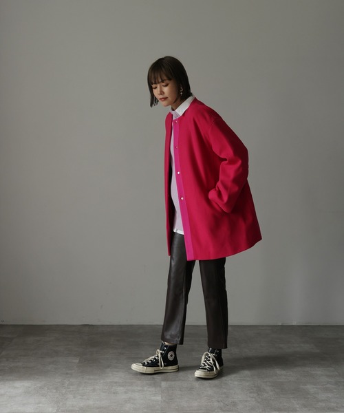 HERENCIA(ヘレンチア)の「ノーカラー バックグログラン ドルマンジャケットコート(ノーカラーコート・レディース・ブラック/グレイッシュベージュ/ピンク・MEDIUM)」の9枚目の写真