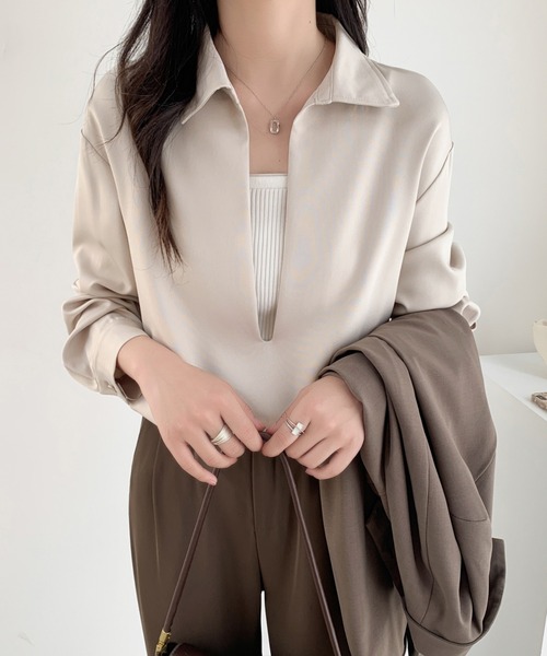 ABITOKYO(アビトーキョー)の「深めキーネックシャツブラウス(シャツ/ブラウス・レディース・ブラック/ダークブラウン/ベージュ・M/L)」の3枚目の写真