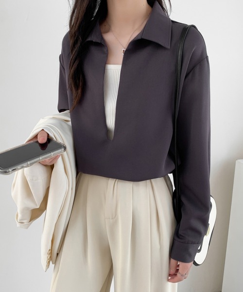 ABITOKYO(アビトーキョー)の「深めキーネックシャツブラウス(シャツ/ブラウス・レディース・ブラック/ダークブラウン/ベージュ・M/L)」の18枚目の写真
