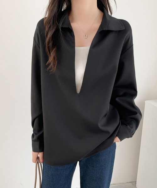 ABITOKYO(アビトーキョー)の「深めキーネックシャツブラウス(シャツ/ブラウス・レディース・ブラック/ダークブラウン/ベージュ・M/L)」の5枚目の写真