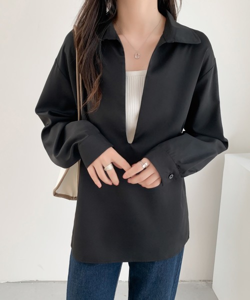 ABITOKYO(アビトーキョー)の「深めキーネックシャツブラウス(シャツ/ブラウス・レディース・ブラック/ダークブラウン/ベージュ・M/L)」の6枚目の写真
