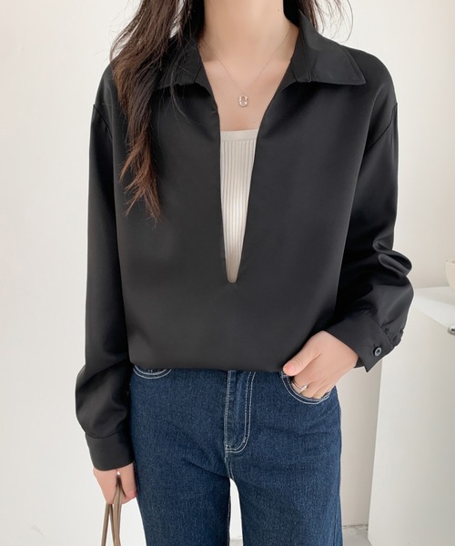 ABITOKYO(アビトーキョー)の「深めキーネックシャツブラウス(シャツ/ブラウス・レディース・ブラック/ダークブラウン/ベージュ・M/L)」の7枚目の写真