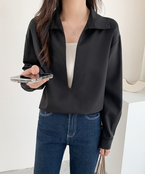 ABITOKYO(アビトーキョー)の「深めキーネックシャツブラウス(シャツ/ブラウス・レディース・ブラック/ダークブラウン/ベージュ・M/L)」の9枚目の写真