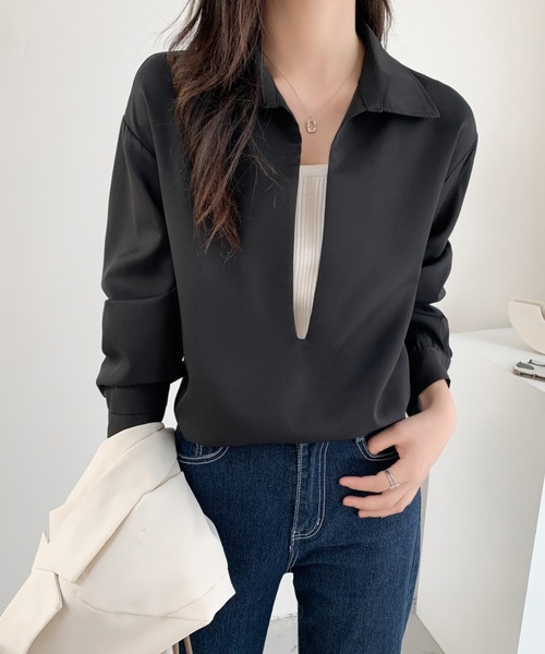 ABITOKYO(アビトーキョー)の「深めキーネックシャツブラウス(シャツ/ブラウス・レディース・ブラック/ダークブラウン/ベージュ・M/L)」の11枚目の写真