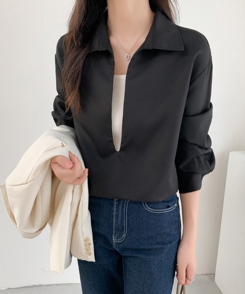 ABITOKYO(アビトーキョー)の「深めキーネックシャツブラウス(シャツ/ブラウス・レディース・ブラック/ダークブラウン/ベージュ・M/L)」の12枚目の写真