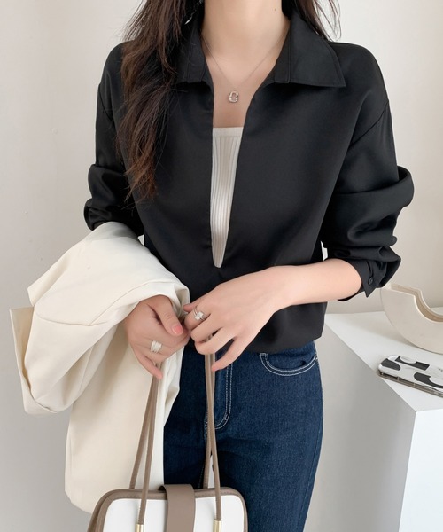 ABITOKYO(アビトーキョー)の「深めキーネックシャツブラウス(シャツ/ブラウス・レディース・ブラック/ダークブラウン/ベージュ・M/L)」の13枚目の写真