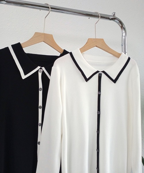 MAISON DE THERESE（メゾン ド テレーズ）の「バイカラーパイピングニットトップス（ニット/セーター・レディース・ブラック/ホワイト・FREE）」の6枚目の写真