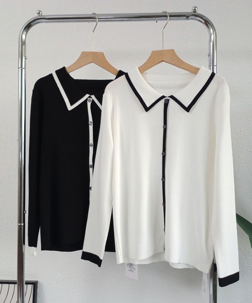 MAISON DE THERESE（メゾン ド テレーズ）の「バイカラーパイピングニットトップス（ニット/セーター・レディース・ブラック/ホワイト・FREE）」の3枚目の写真