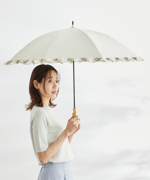 Wpc.(ダブリュピーシー)の「【Wpc.】晴雨兼用/遮光バイアスチェックフリルパラソル(長傘・レディース・ブラック/ベージュ・FREE)」の1枚目の写真