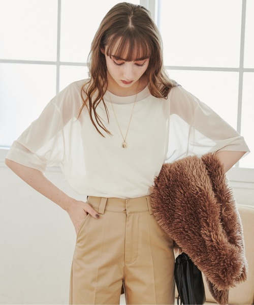 ANGIE(アンジー)の「シアーTシャツ(Tシャツ/カットソー・レディース・カーキ/グレー/オフホワイト/ブラック・FREE)」の7枚目の写真