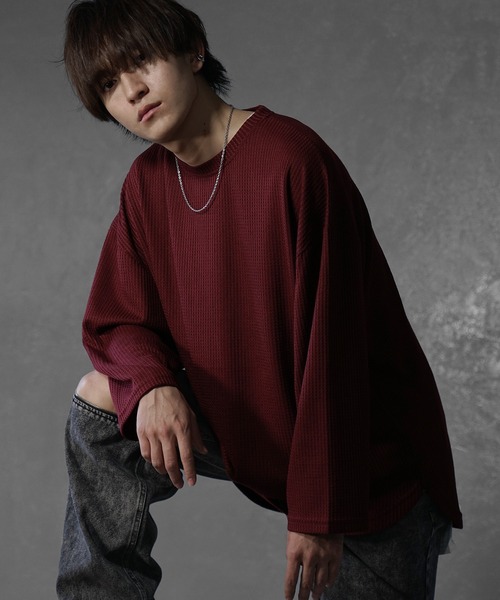 MinoriTY（マイノリティ）の「【MinoriTY】ワッフルラウンドオーバーサイズロンT 長袖Tシャツ カットソー メンズ 秋服 ルーズフィット ビッグシルエット（Tシャツ/カットソー・メンズ・ブルー/グレー/ブラック/ワイン/アイボリー/カーキ・L/M/S）」の18枚目の写真