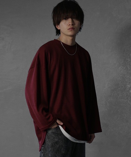 MinoriTY（マイノリティ）の「【MinoriTY】ワッフルラウンドオーバーサイズロンT 長袖Tシャツ カットソー メンズ 秋服 ルーズフィット ビッグシルエット（Tシャツ/カットソー・メンズ・ブルー/グレー/ブラック/ワイン/アイボリー/カーキ・L/M/S）」の19枚目の写真