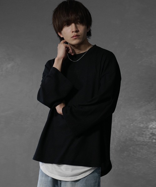 MinoriTY（マイノリティ）の「【MinoriTY】ワッフルラウンドオーバーサイズロンT 長袖Tシャツ カットソー メンズ 秋服 ルーズフィット ビッグシルエット（Tシャツ/カットソー・メンズ・ブルー/グレー/ブラック/ワイン/アイボリー/カーキ・L/M/S）」の11枚目の写真