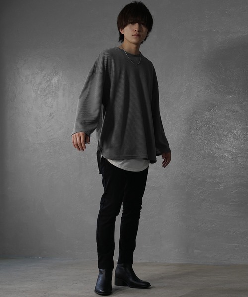 MinoriTY（マイノリティ）の「【MinoriTY】ワッフルラウンドオーバーサイズロンT 長袖Tシャツ カットソー メンズ 秋服 ルーズフィット ビッグシルエット（Tシャツ/カットソー・メンズ・ブルー/グレー/ブラック/ワイン/アイボリー/カーキ・L/M/S）」の17枚目の写真