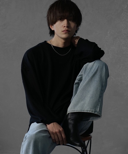 MinoriTY（マイノリティ）の「【MinoriTY】ワッフルラウンドオーバーサイズロンT 長袖Tシャツ カットソー メンズ 秋服 ルーズフィット ビッグシルエット（Tシャツ/カットソー・メンズ・ブルー/グレー/ブラック/ワイン/アイボリー/カーキ・L/M/S）」の10枚目の写真