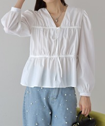 BLUEEAST | Vネックリボンギャザーブラウス(シャツ/ブラウス)
