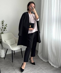 Jolie et Jolie | ロングジャケットテーパードパンツ4点セットスーツ(ロング丈ジャケット+タックブラウス+パンツ+ベルト)(スーツセット)