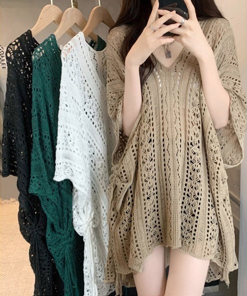 Miniministore(ミニミニストア)の「メッシュニット 透かし編み サマーニット(ニット/セーター・レディース・ブラック/ダークグリーン/ベージュ/ホワイト・FREE)」の5枚目の写真