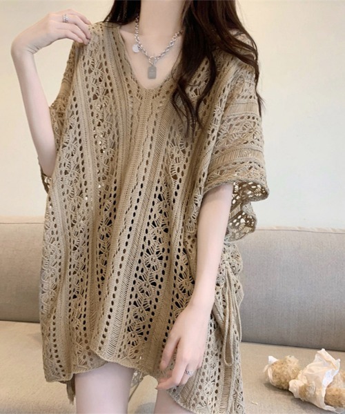 Miniministore(ミニミニストア)の「メッシュニット 透かし編み サマーニット(ニット/セーター・レディース・ブラック/ダークグリーン/ベージュ/ホワイト・FREE)」の11枚目の写真