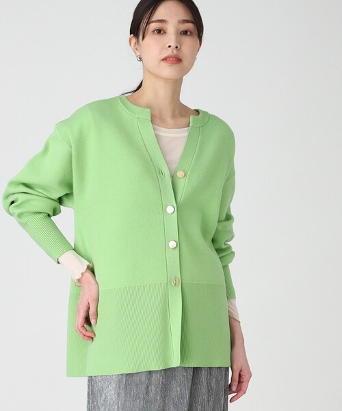 THE SHOP TK (ザ ショップ ティーケー )の「◆キーネックミドル丈カーデ【手洗い可】(カーディガン/ボレロ・レディース・ライトグレー/ライトグリーン/スミクロ・12/13)」の1枚目の写真