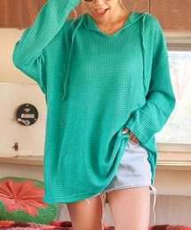 ワッフル 薄ニット フーディ ビッグユッタリ トップス