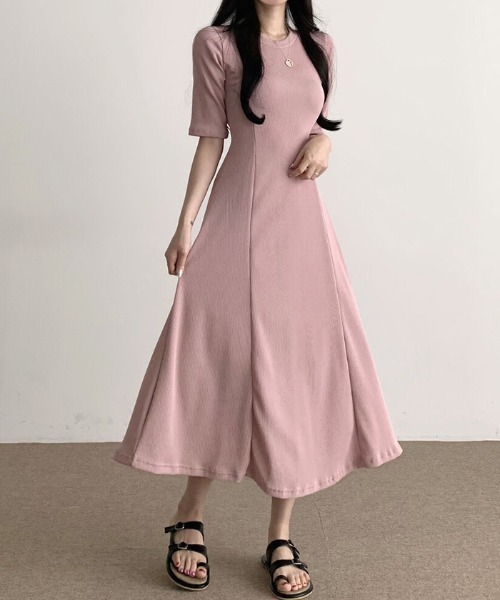 新品！完売品！プラスオトハPLUS OTO.HA リネンロングワンピース　ピンク セール】半袖Aラインロングワンピース（ワンピース）｜VIVID