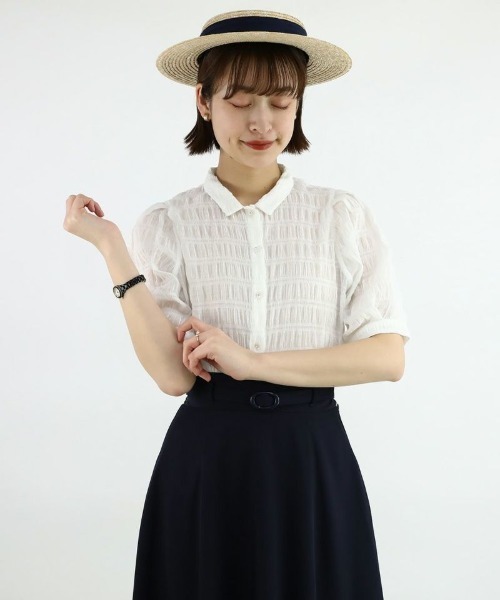 an another angelus（アンアナザーアンジェラス）の「ラインストーン釦シャーリングブラウス/ananotherangelus（シャツ/ブラウス・レディース・オフホワイト/ライトグリーン・FREE）」の5枚目の写真