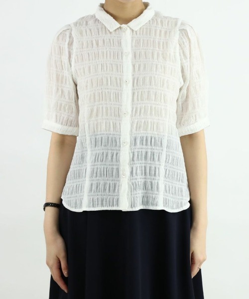 an another angelus（アンアナザーアンジェラス）の「ラインストーン釦シャーリングブラウス/ananotherangelus（シャツ/ブラウス・レディース・オフホワイト/ライトグリーン・FREE）」の13枚目の写真