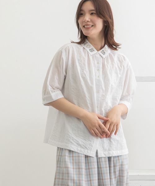 POU DOU DOU(プードゥドゥ)の「ボタニカル刺繍衿ブラウス(シャツ/ブラウス・レディース・オフホワイト/ミント/スミクロ・3)」の10枚目の写真