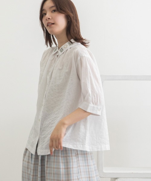 POU DOU DOU(プードゥドゥ)の「ボタニカル刺繍衿ブラウス(シャツ/ブラウス・レディース・オフホワイト/ミント/スミクロ・3)」の11枚目の写真