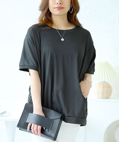 GOLDJAPAN(ゴールドジャパン)の「ストレッチドルマントップス【大きいサイズ対応】(Tシャツ/カットソー・レディース・ネイビー/ホワイト/ピンク/ブラック・3L/4L/LL)」の2枚目の写真