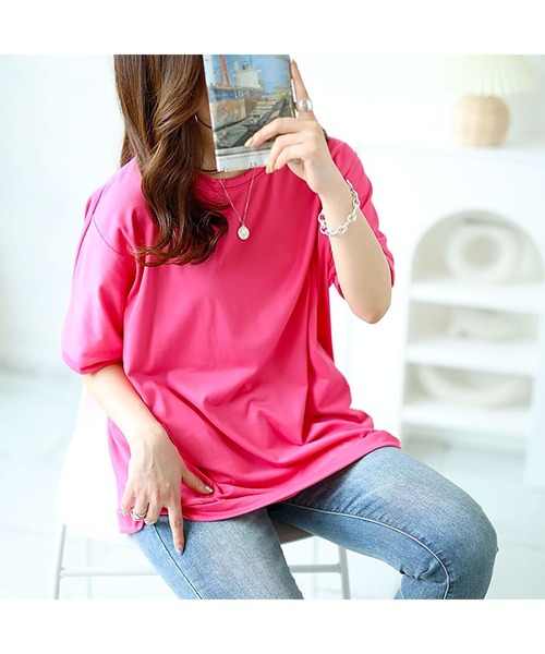 GOLDJAPAN(ゴールドジャパン)の「ストレッチドルマントップス【大きいサイズ対応】(Tシャツ/カットソー・レディース・ネイビー/ホワイト/ピンク/ブラック・3L/4L/LL)」の14枚目の写真